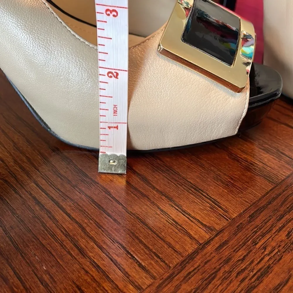 Nine West ivory leather black patent and gold accent slingback platform heels